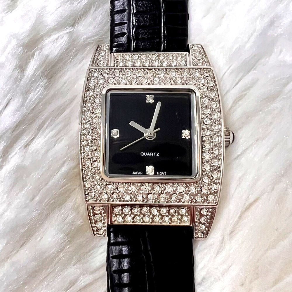 Vintage Womens Watch Black Band Faux Leather Rhinestone Bezel Black Dial